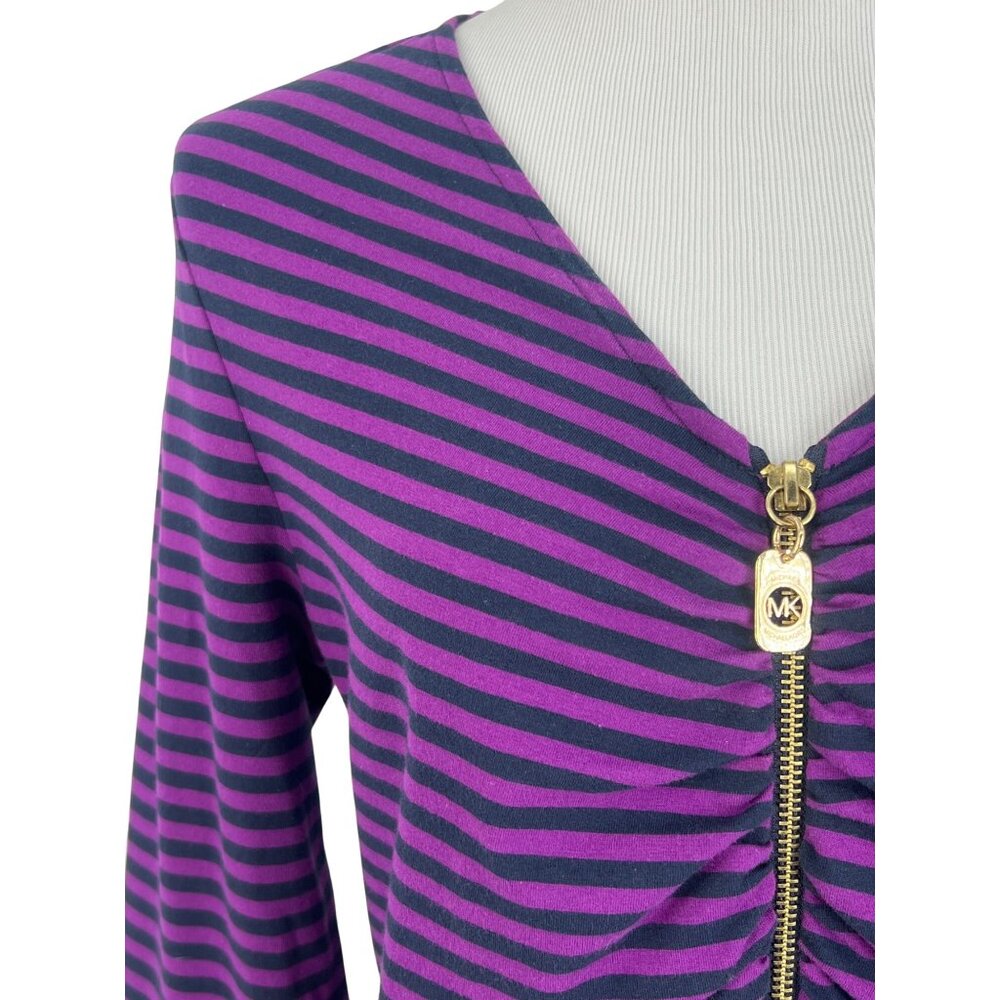 Michael Kors Purple & Black Striped V-Neck & Gold Logo Zip Accent Casual Top - Picture 3 of 12